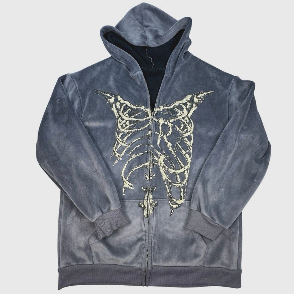 Skeleton Rib Cage Full Zip Hoodie Velour Gray XL Y2K